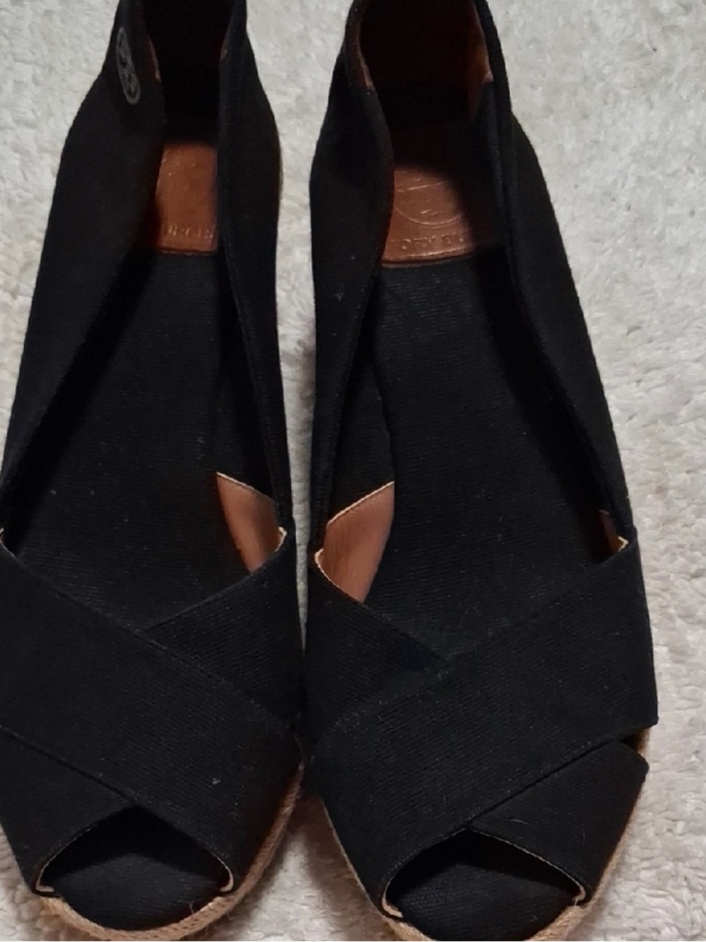 Tory Burch Black Espadrille Peep-Toe Wedges - Picture 7 of 9